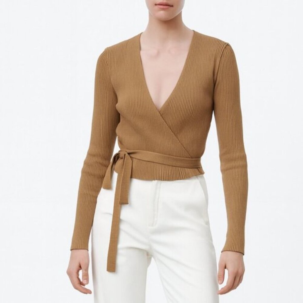 Missguided Brown Ribbed Wrap V neck Top Long Sleeve Size Small